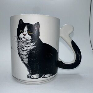 Vintage Tuxedo Cat Coffee Mug with Tail Handle Made in Japan Black White Ceramic